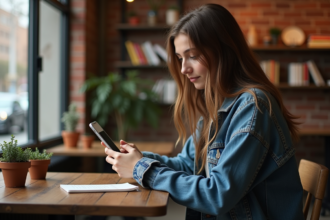 Jeune femme seule au café regardant son smartphone