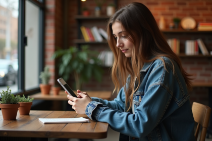 Jeune femme seule au café regardant son smartphone
