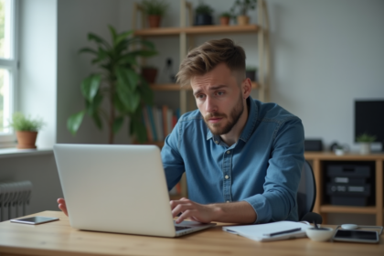 Jeune homme inquiet devant son ordinateur dans un bureau moderne