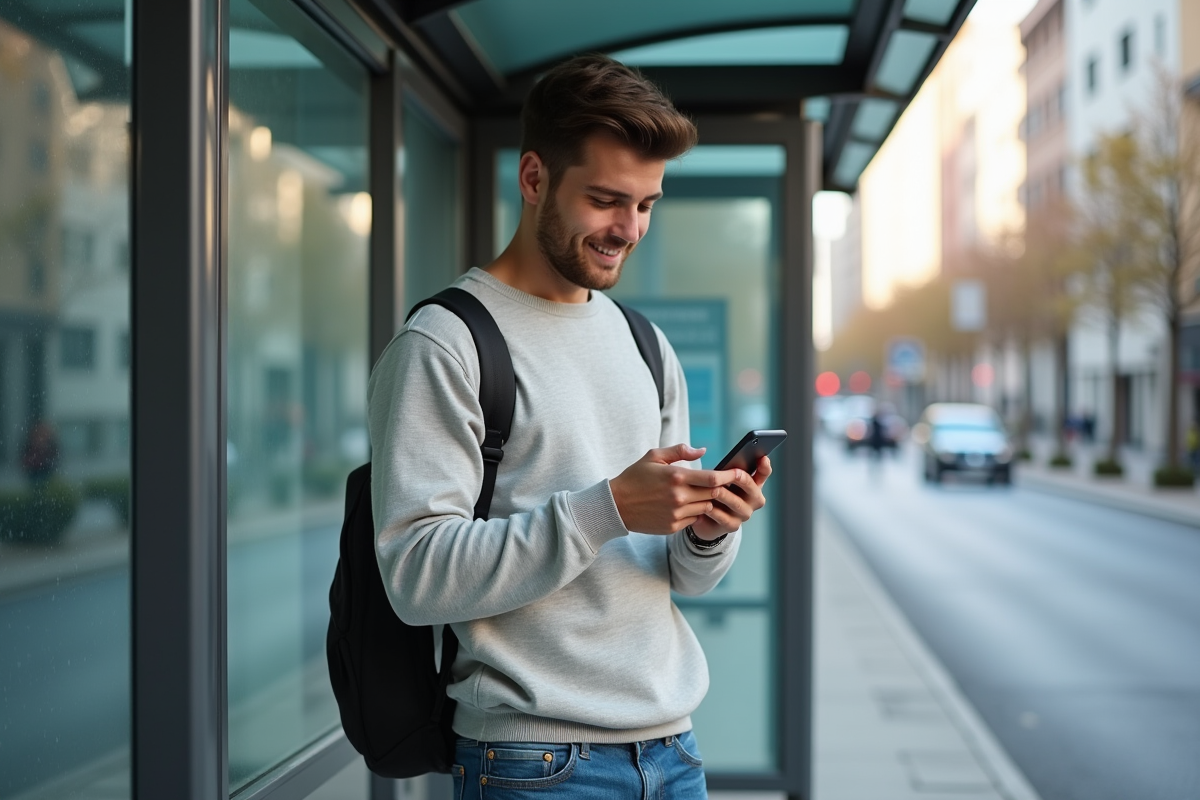 Jeune homme vérifiant son smartphone à un arrêt de bus
