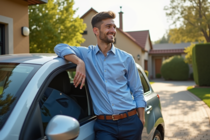 Jeune homme souriant à côté d'une voiture moderne en extérieur