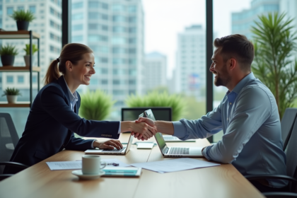 Deux professionnels se serrant la main dans un bureau moderne