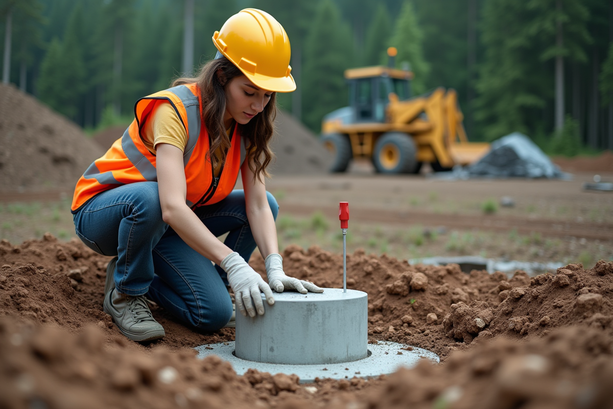 Technicien jeune pose capteurs sans fil sur une fondation en béton