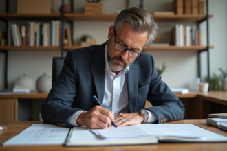 Designer masculin en studio en train de dessiner