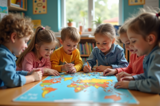 Enfants d'école primaire résolvant un puzzle de géographie en classe