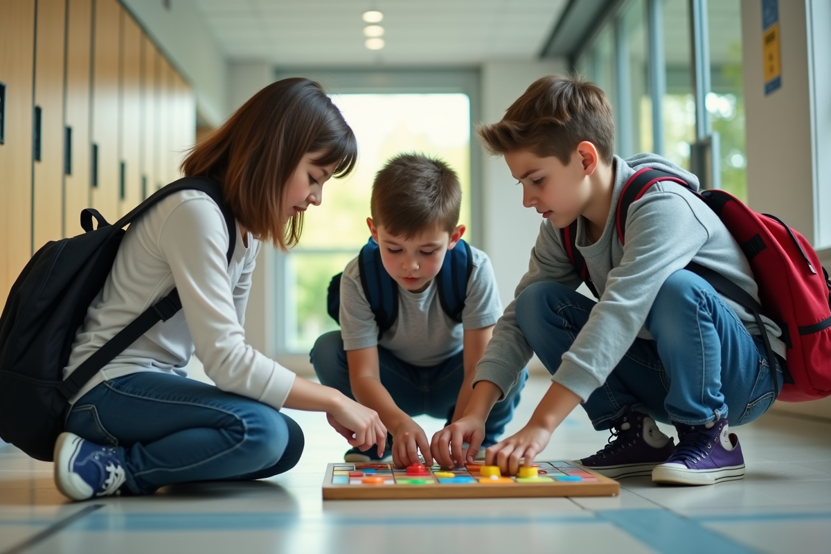 Professeure aidant des élèves jouant à un jeu mathématique dans le couloir
