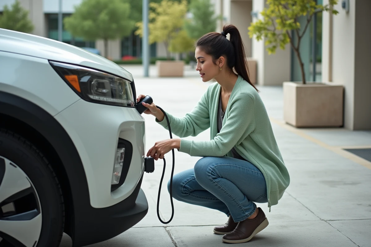 Jeune femme connecte batterie portable a une voiture électrique