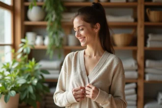 Jeune femme touchant un tissu en chanvre écologique dans un magasin lumineux