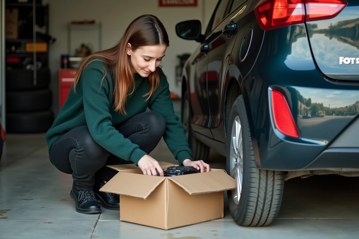 Jeune femme examine pièce auto dans son garage