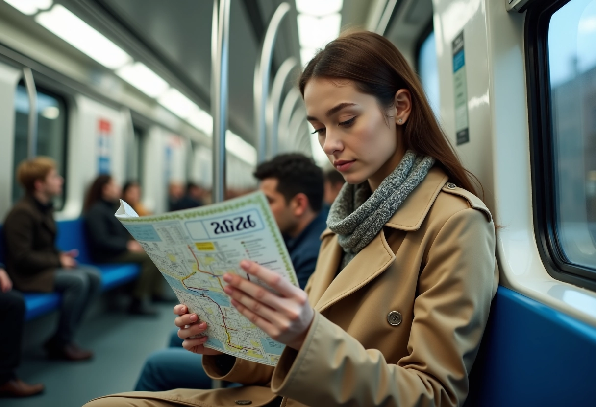 Jeune femme lisant une carte dans un train du metro parisien