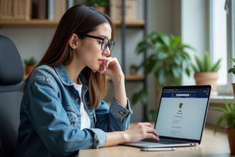 Jeune femme en bureau avec ordinateur et VPN