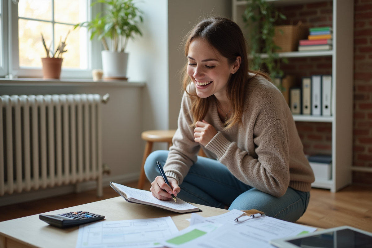 Femme souriante prenant des notes près d