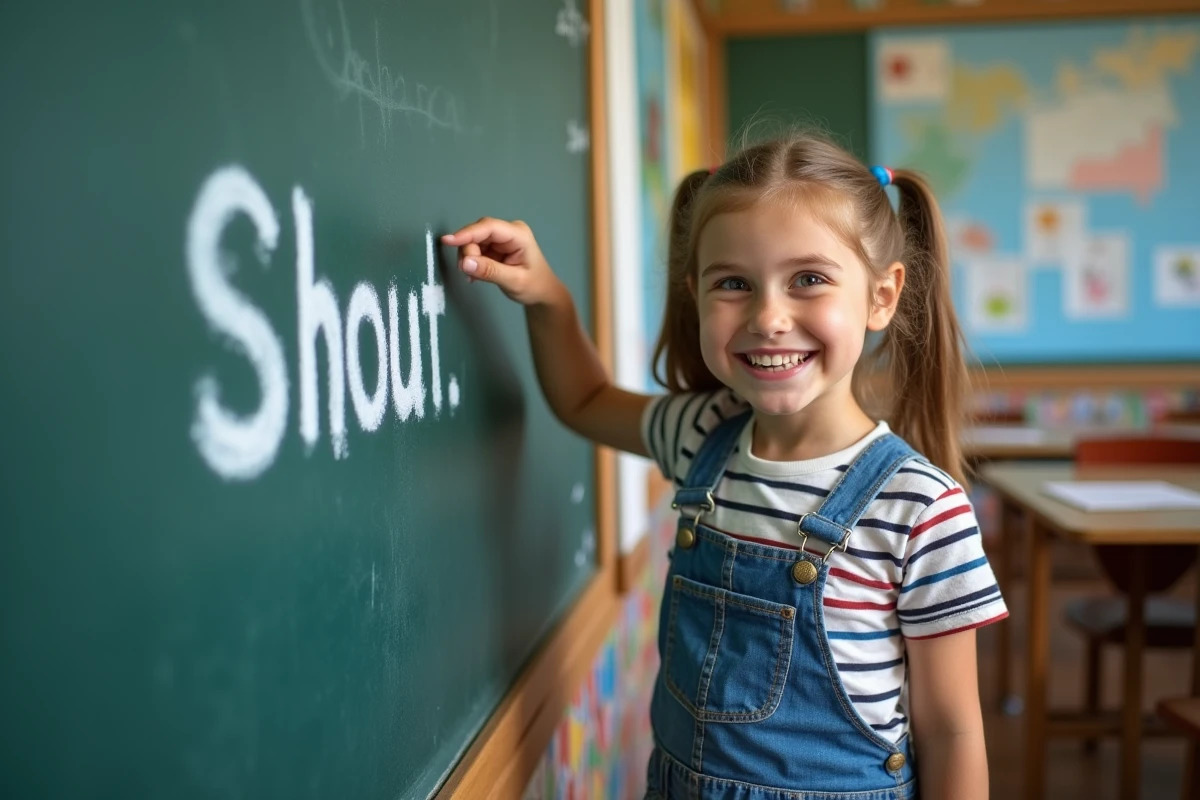Jeune fille pointant le mot hangman sur le tableau en classe