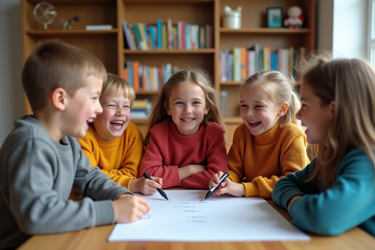 Enfants souriants jouant autour d'une table dans un salon chaleureux