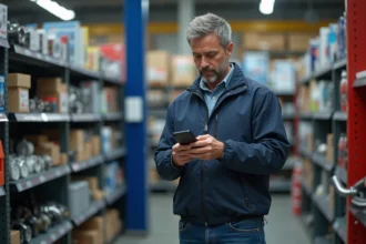 Homme d'âge moyen compare pièce auto avec smartphone
