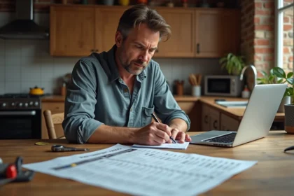 Homme concentré écrivant sur un notepad dans une cuisine rustique