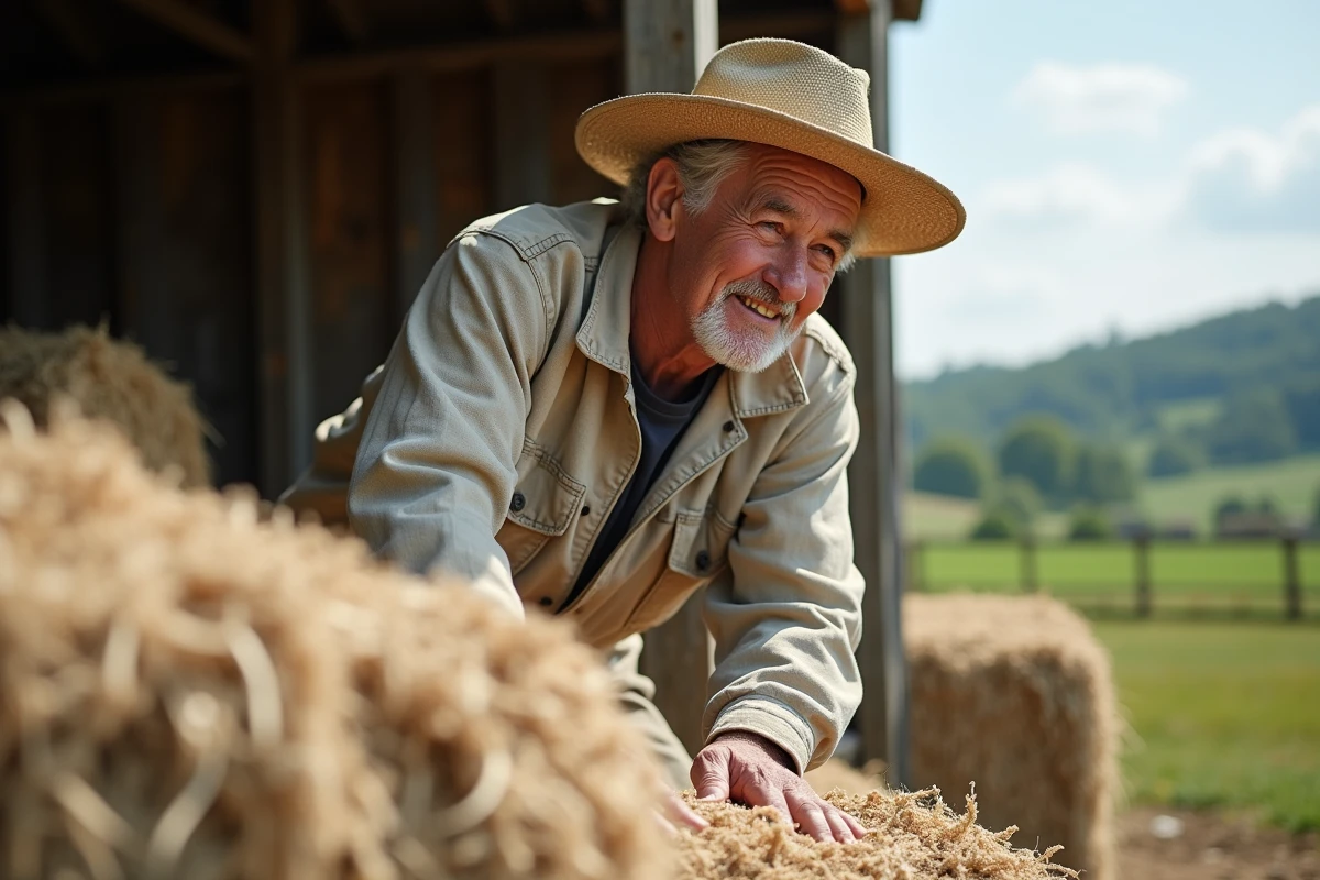 Homme âgé inspectant des ballots de coton bio en ferme naturelle