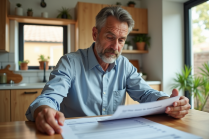 Homme d'âge moyen tenant un dossier de rénovation et regardant un formulaire fiscal dans une cuisine moderne