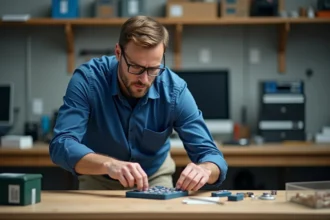 Ingénieur homme assemble batteries rechargeables en atelier