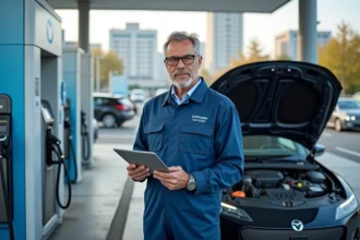 Ingénieur en overalls examine une voiture à hydrogene