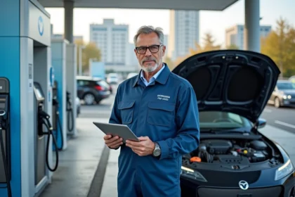 Ingénieur en overalls examine une voiture à hydrogene
