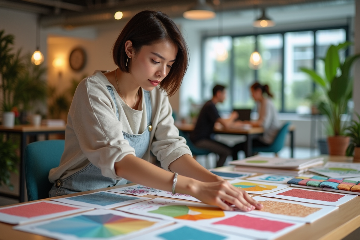Jeune femme créative arrangeant mood boards colorés