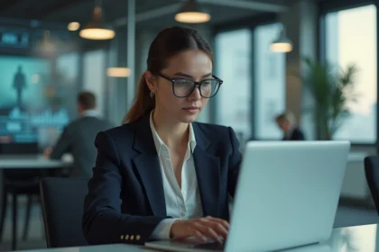 Femme professionnelle concentrée devant son ordinateur dans un bureau moderne