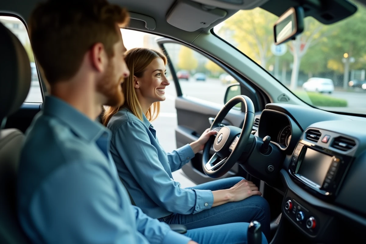 Jeune femme souriante dans une voiture en ville