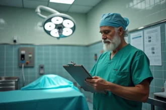 Chirurgien homme en blouse verte dans une salle d'opération