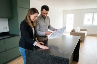 Jeune couple dans une cuisine moderne et lumineuse