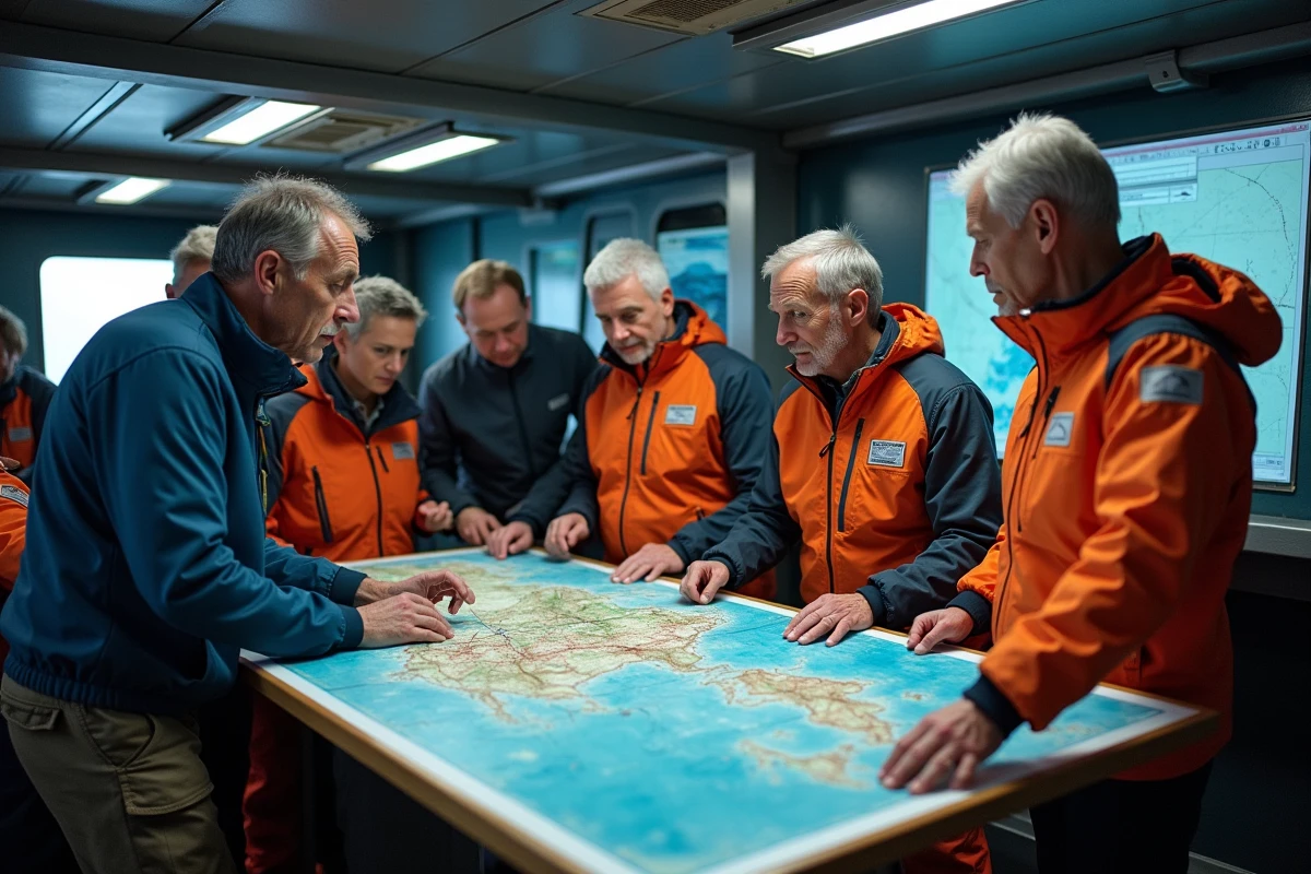 Groupe dexplorateurs autour de cartes dans la salle de commande