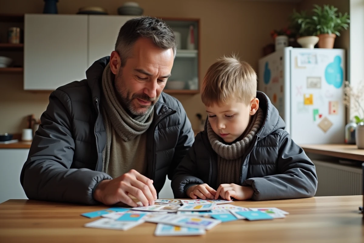 Famille assemble stickers et cartes de fidelite a la maison