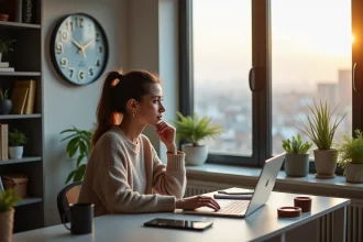 Jeune femme au bureau regardant une horloge à Washington