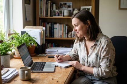 Femme concentrée travaillant à son bureau à domicile