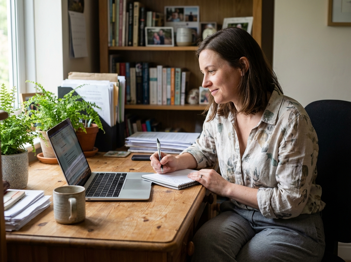Femme concentrée travaillant à son bureau à domicile