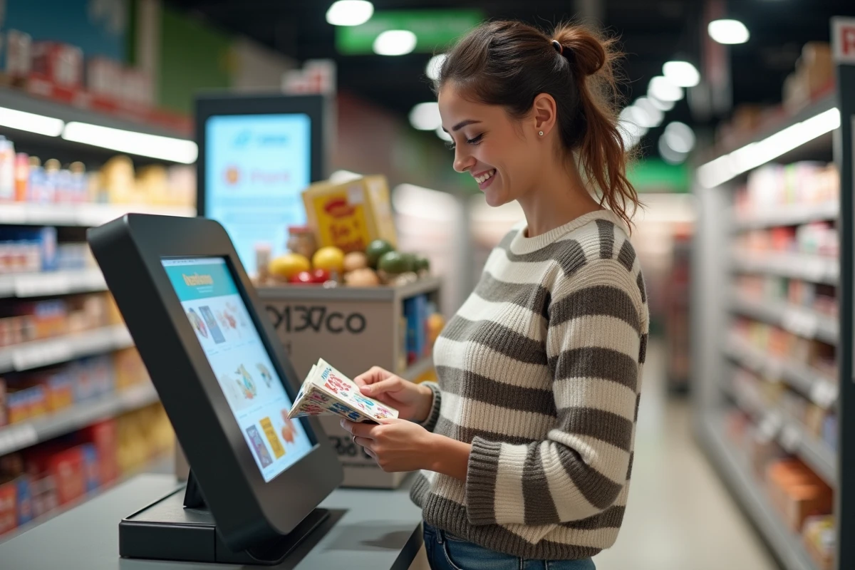 Femme souriante examine une carte de fidelite en supermarche