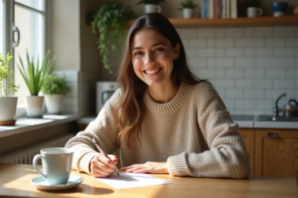 Jeune femme écrivant une note dans une cuisine lumineuse