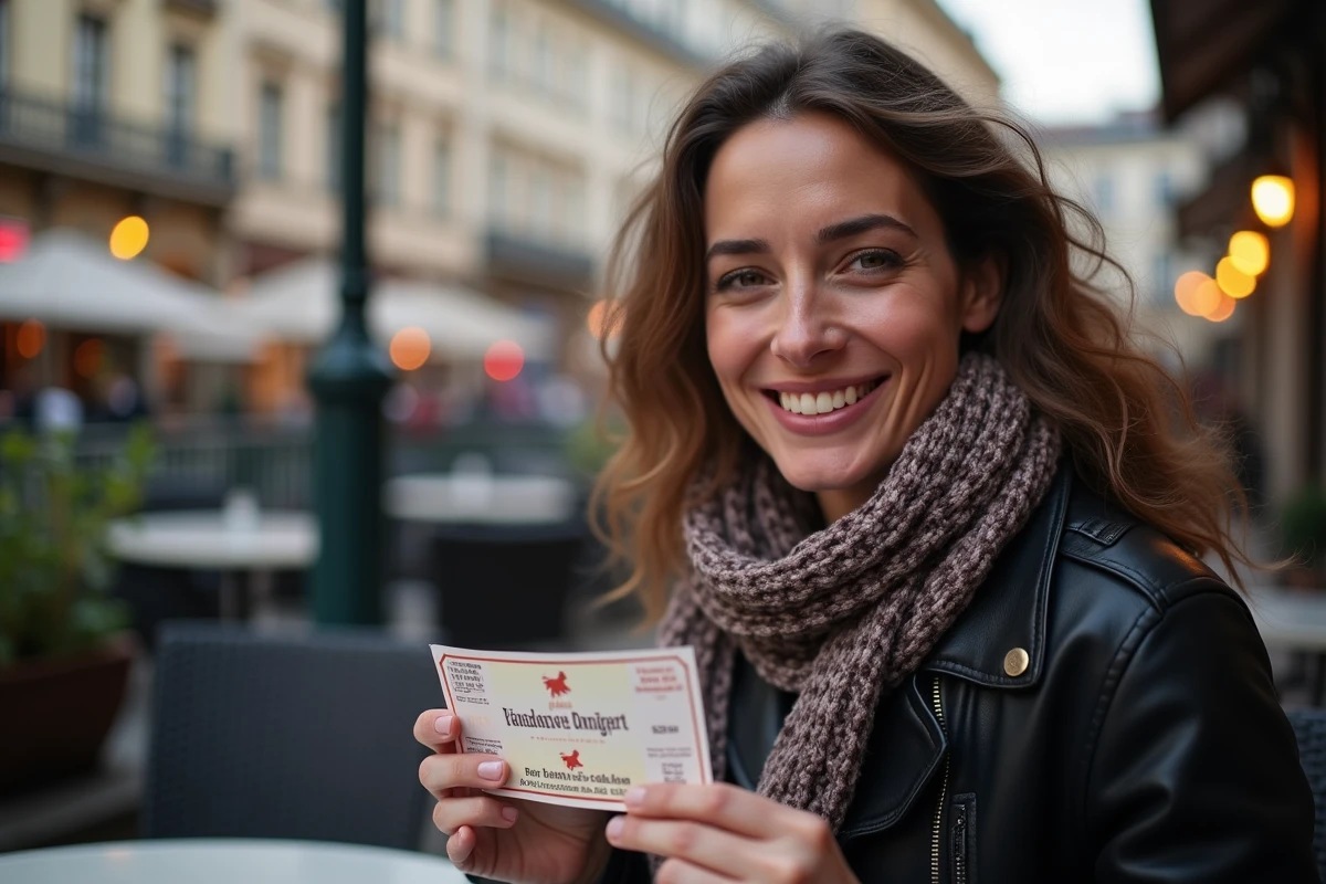Femme souriante tenant son ticket de concert à Lyon