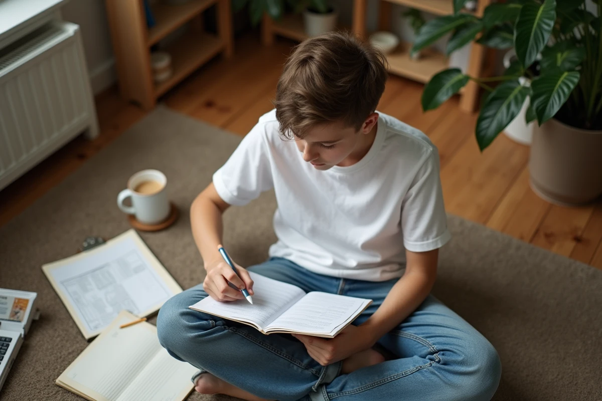 Garçon étudiant concentré sur ses notes à la maison