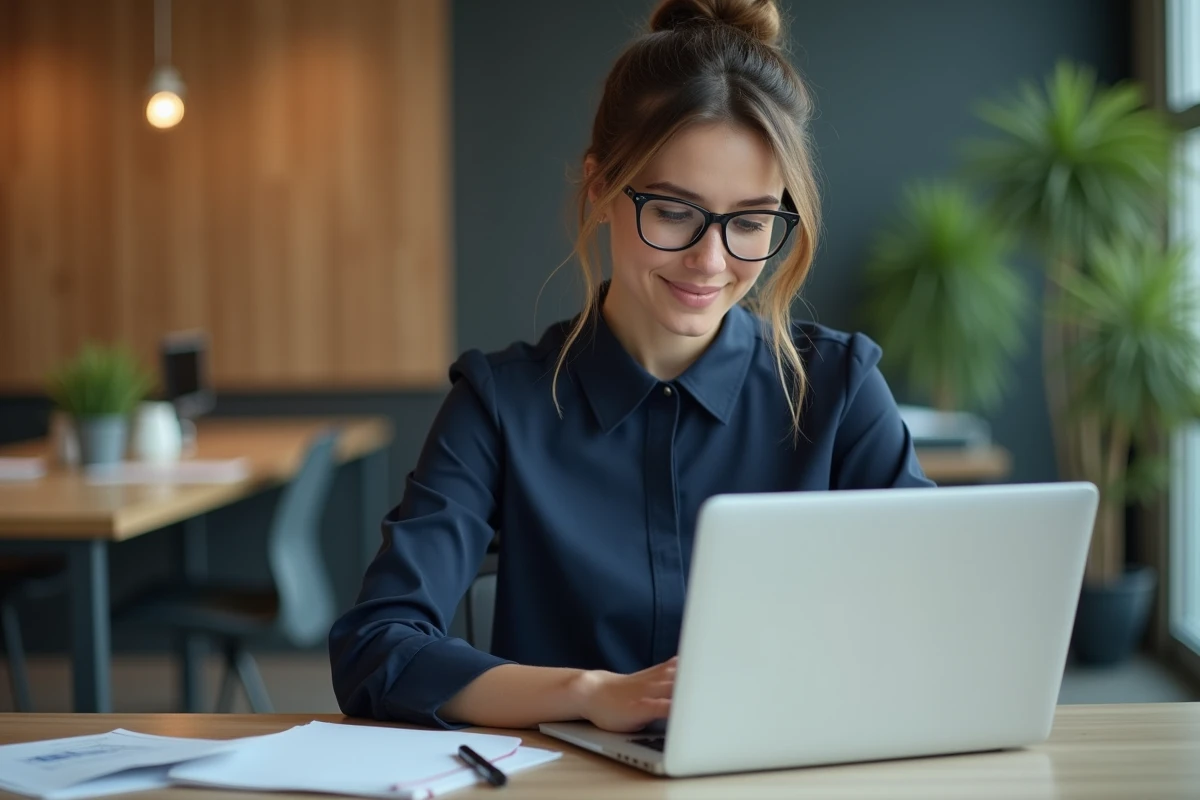 Jeune femme professionnelle travaillant sur son ordinateur dans un bureau moderne