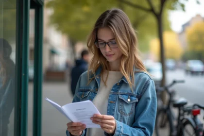Jeune femme lisant une fiche de revision en extérieur