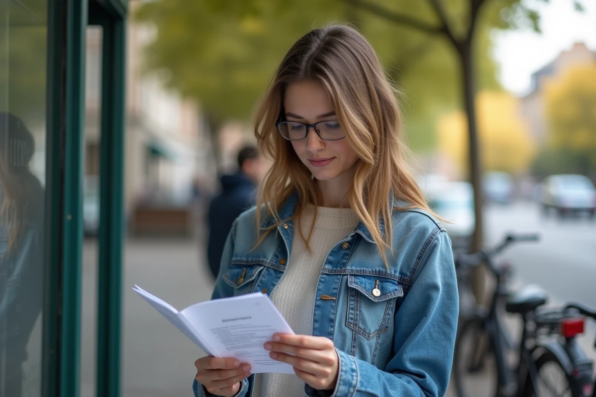 Jeune femme lisant une fiche de revision en extérieur