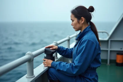 Océanographe femme en mer étudie sonar sur navire