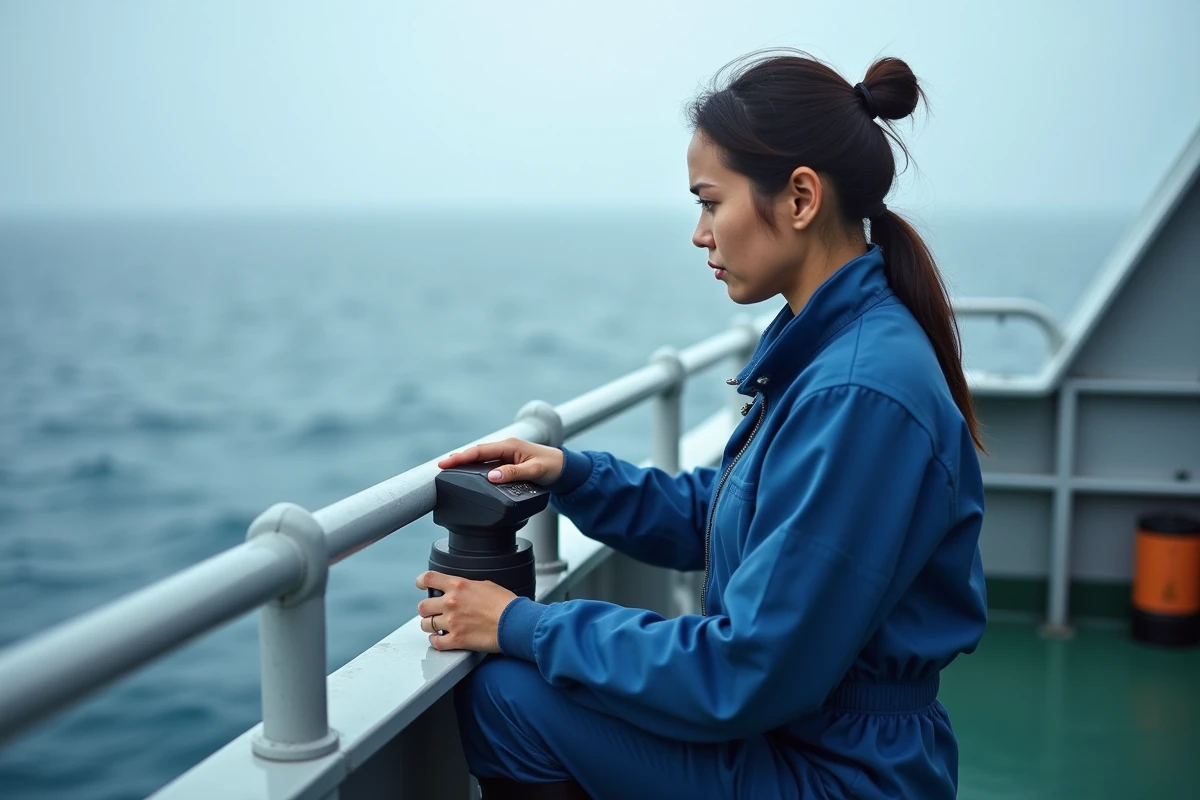 Océanographe femme en mer étudie sonar sur navire
