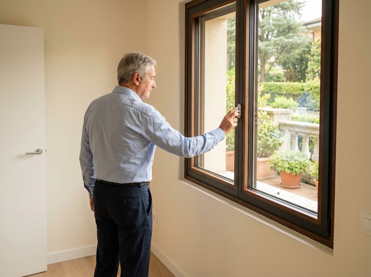 Homme âgé touchant une fenêtre isolante dans une chambre