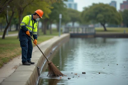 Agent municipal nettoyant un bassin urbain avec une épuisette