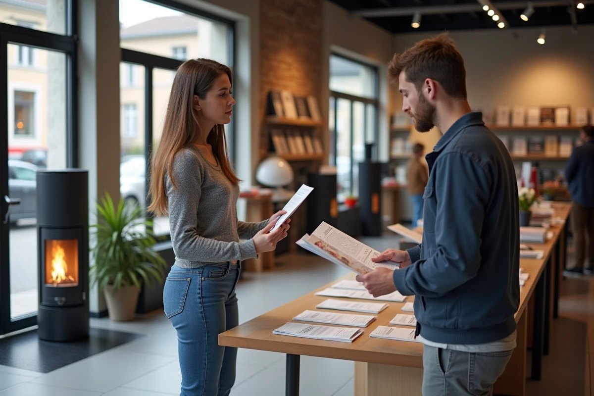 Jeune femme examine brochures de poêles dans un showroom
