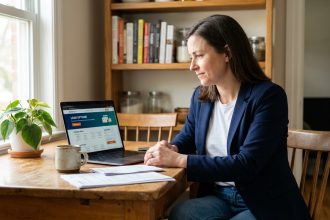 Femme concentrée comparant des prêts en ligne à la maison