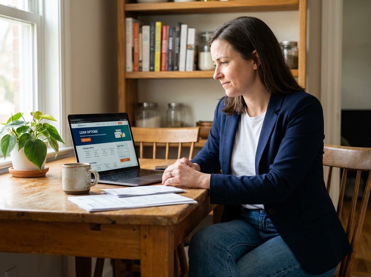 Femme concentrée comparant des prêts en ligne à la maison