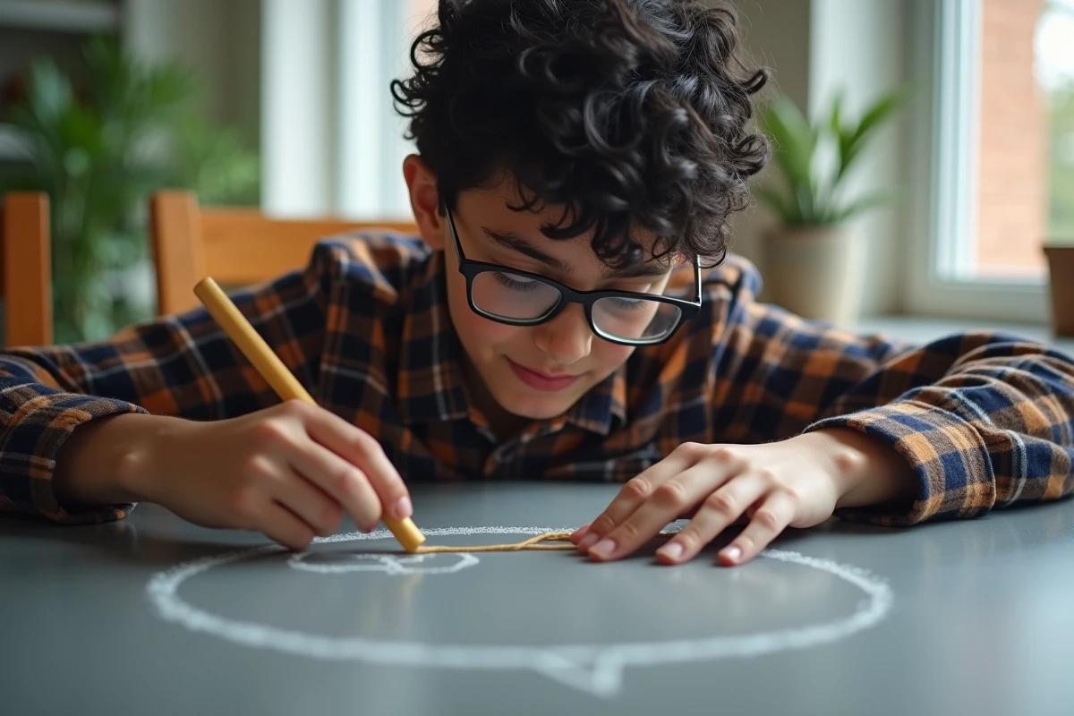 Adolescent mesurant un cercle tracé au chalk sur une table